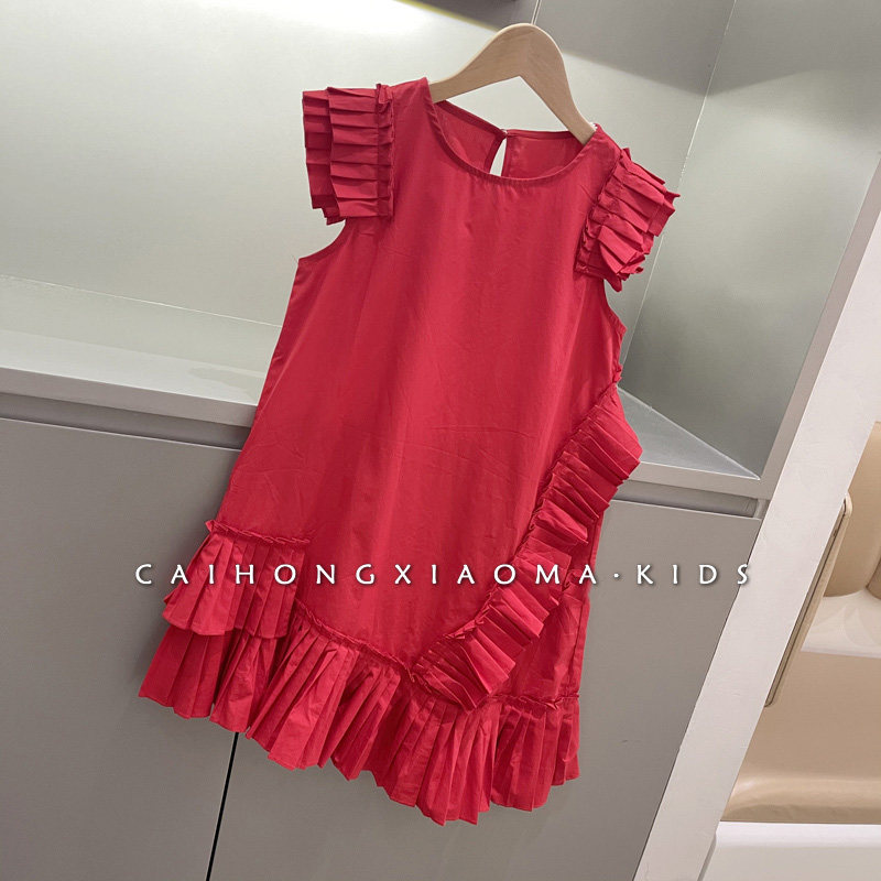 High-end custom Korean children's clothing girl princess skirt summer style girls stitching pleated irregular sleeveless dress