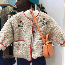 Brand childrens clothing 2022 winter lamb wool coat girls foreign style embroidered warm Korean version baby cute cotton coat trendy