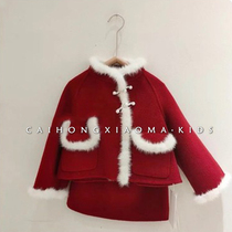 Girls New Years Spring Festival red woolen suit 22 winter little girl foreign style cute thick warm one-year-old clothes