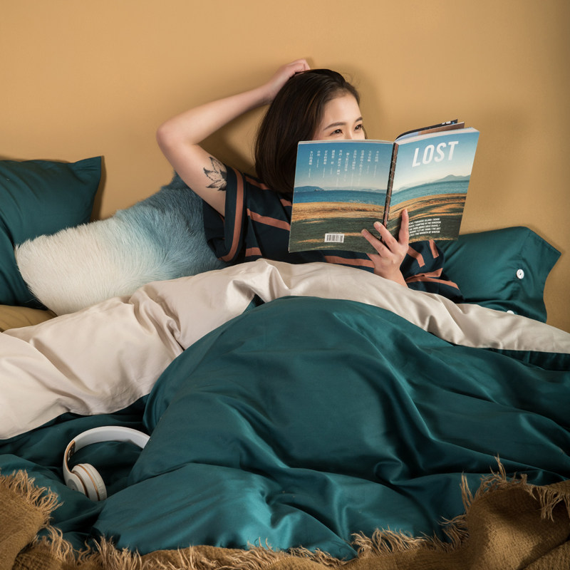 High end 100 pure cotton gon satin four sets full cotton pure color long suede cotton luxurious bed with cotton upscale bedding