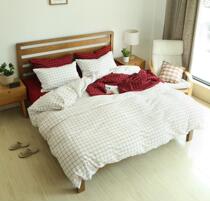 Japanese washable cotton four-piece cotton pure color plaid bed hats sheet cotton quilt cover set 4 sets