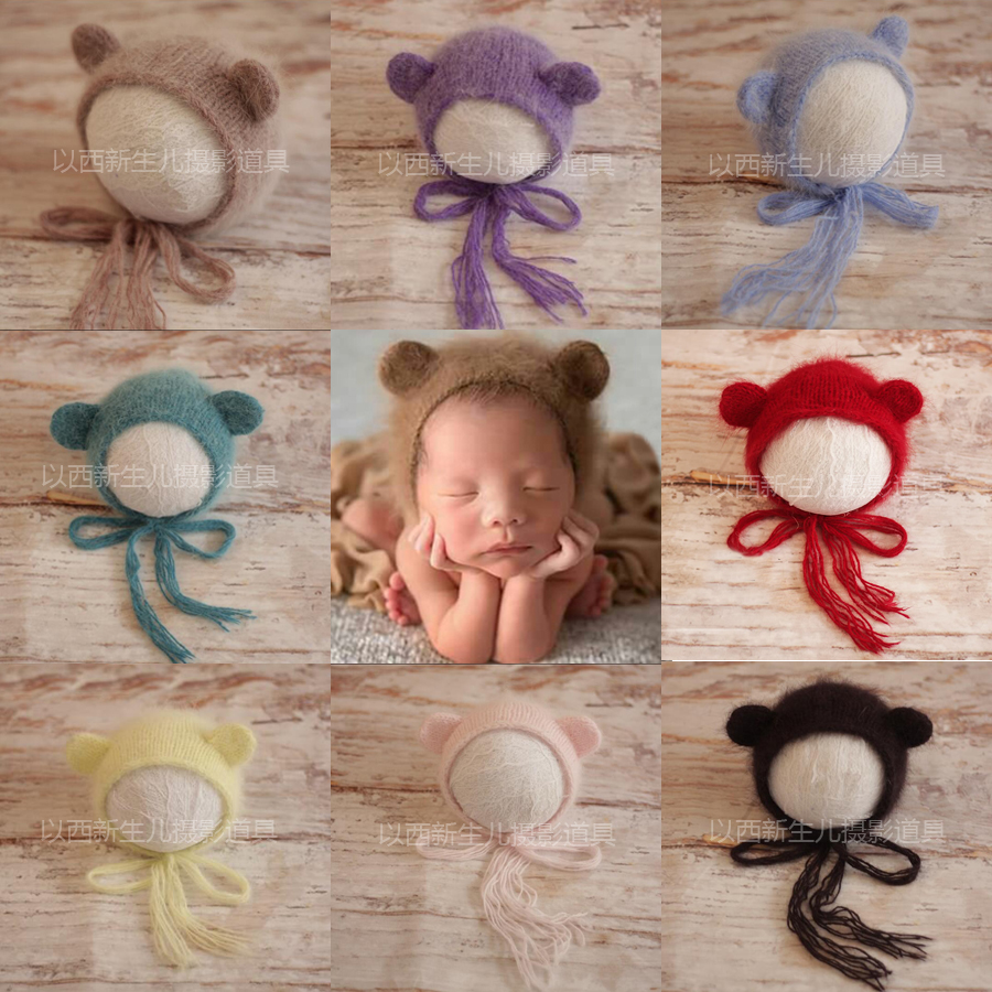 Newborn hat children's photography props mink plush bear baby full moon hundred days new European and American hats