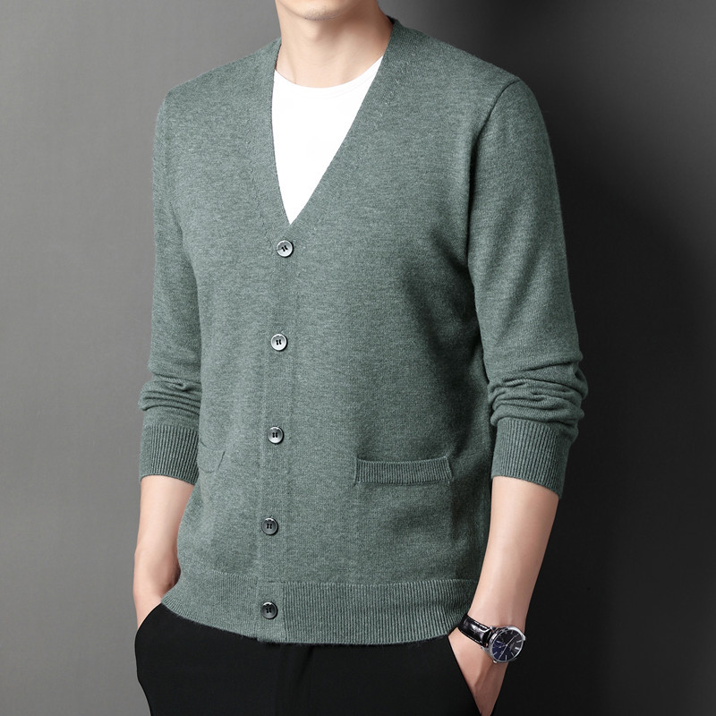 Spring and Autumn Cardigan Sweater for Men, Casual Loose Wool Sweater Jacket for Young and Middle-Aged Men, V-Neck Solid Color Knitwear