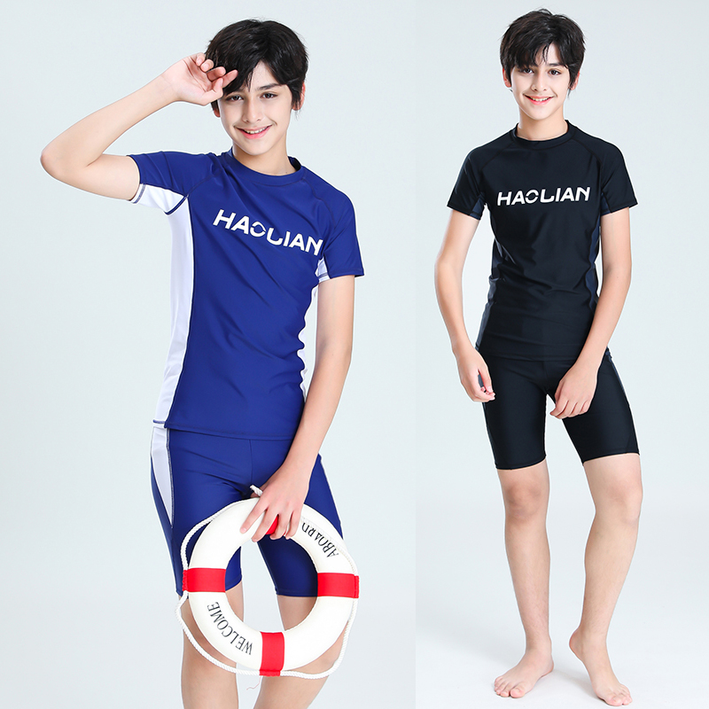 Boy children teenagers CUHK child students Two-style short sleeve flat angle 50% trouser professional training Fat boy swimsuit