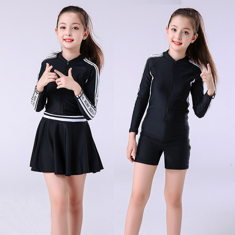 Children's swimwear Girls and children's one-piece boxer shorts long-sleeved skirt Small, medium and large children's students sunscreen quick-drying swimsuit