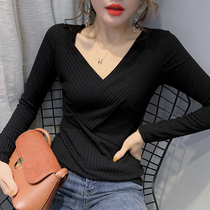 2020 Autumn new sexy cross V neck T-shirt women long sleeve design sense foreign style small shirt with base shirt top