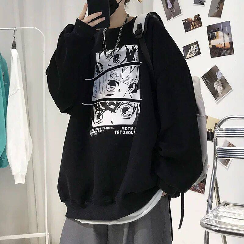 100%纯棉春秋款圆领卫衣男冬季加绒日系动漫青学生休闲宽松上衣服
