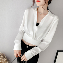 2020 Autumn summer New V collar long sleeve loose white shirt fashion girl foreign style sexy navel short top