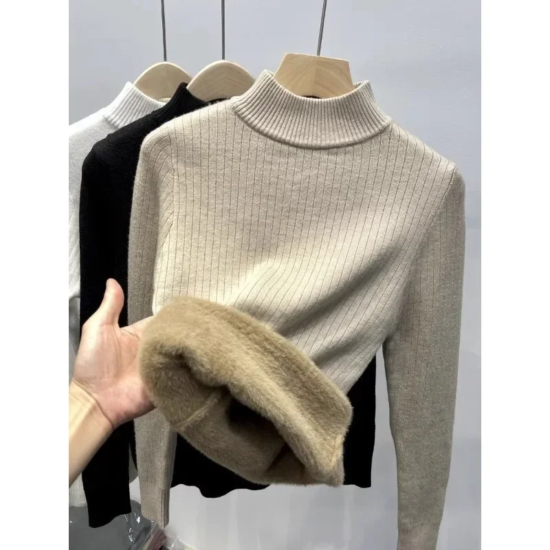 Thickened integrated fuzzy half-sleeve women's winter new warm and warm innerwear plain color versatile base knit sweater