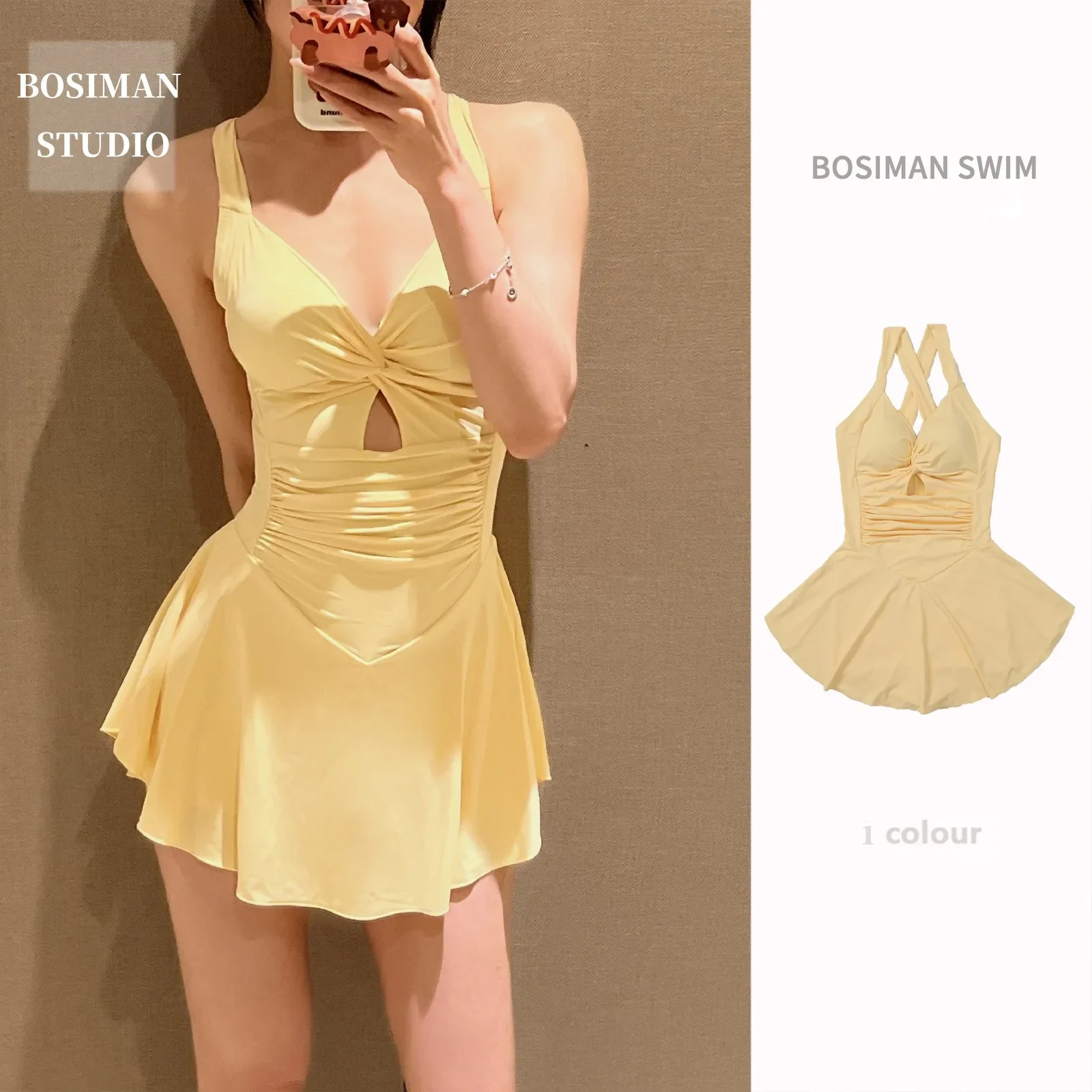 Women's Swimsuit One-Piece Skirt Style Fresh Yellow Gathered Large Size Conservative Slimming Look Belly-Covering Hot Spring Boxer Sling Hot Sale