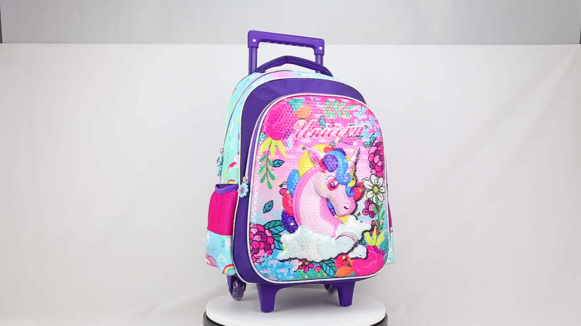 Wholesale Unicorn Children Trolley Backpack School Bag And Lunch Bag Set With Wheels For Kids