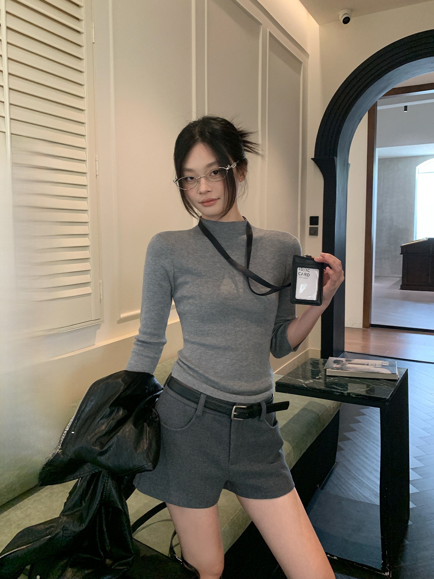 宋正恩灰色半高领内搭针织衫女早秋穿搭修身七分袖打底衫长袖上衣