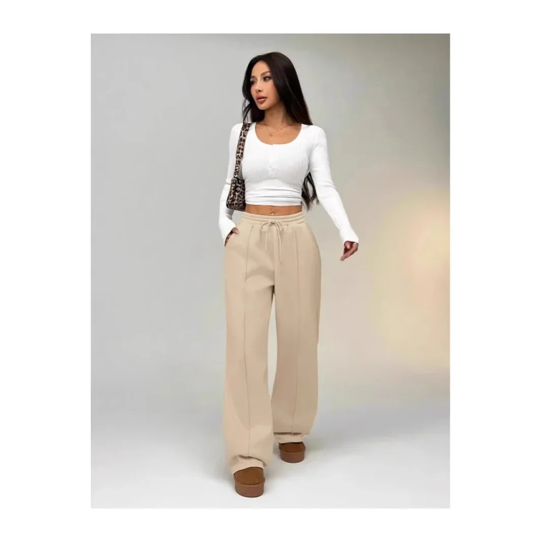 Cross-Border Foreign Trade Amazon Temu Spring and Autumn European and American Style Solid Color Casual Straight Pocket Drawstring Elastic Waist Sweatpants
