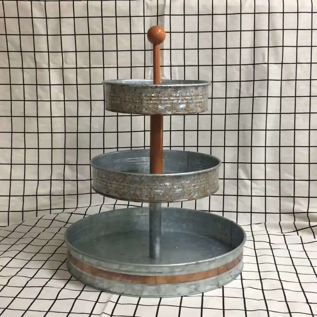Galvanized Silver Rustic Round 3 Tier Metal Serving Tray For Home Decor