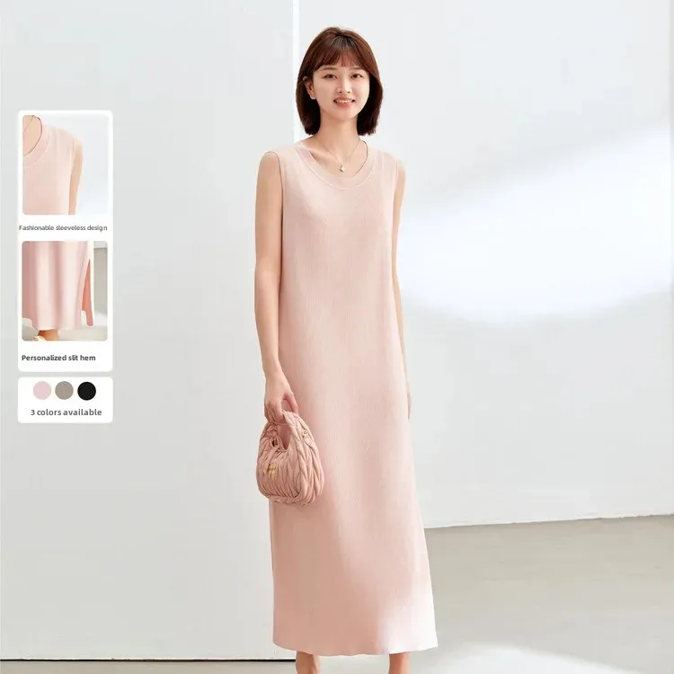 Slim Show Large Size Women's Clothing Refreshing All-match Personalized Split Simple Knitted Sleeveless Dress Chubby Girl Summer New Style