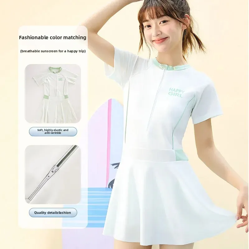 Swimsuit Girl's Big Boy's Junior High School Student's Conservative Swimsuit 2025 New Slim Swimsuit Sweet Short-sleeved Swimsuit for Girls
