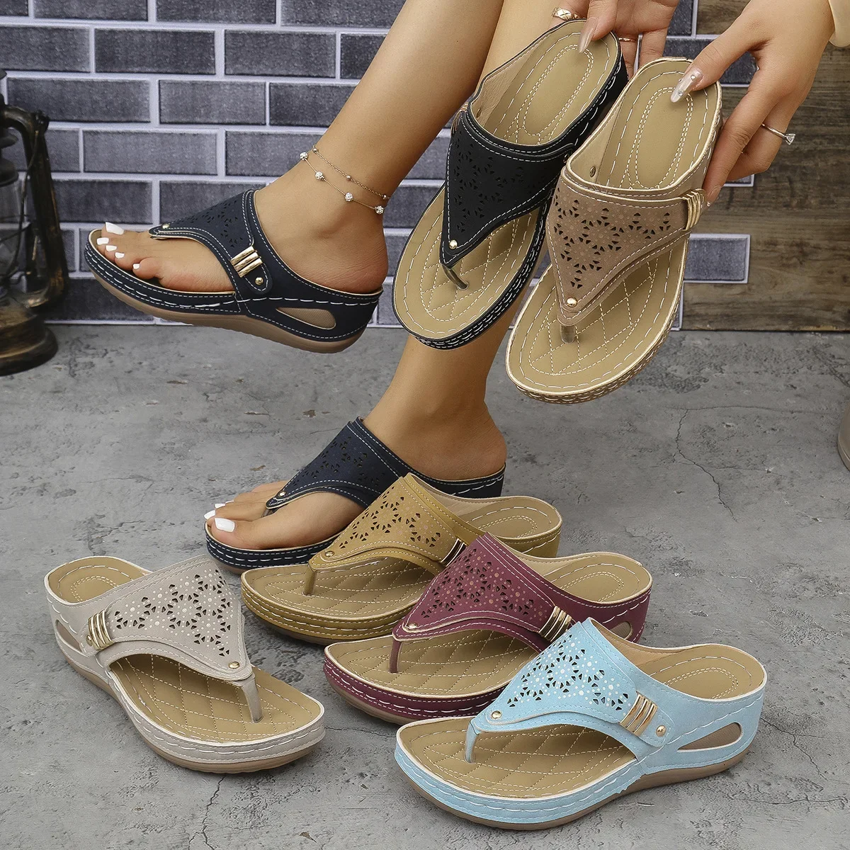 plus size Women's Shoes Casual Women's Slippers 2025 European and American New Flat Thick Bottom Thick Bottom Thick Toe Wedge Comfortable Solid Color Women's Sandals