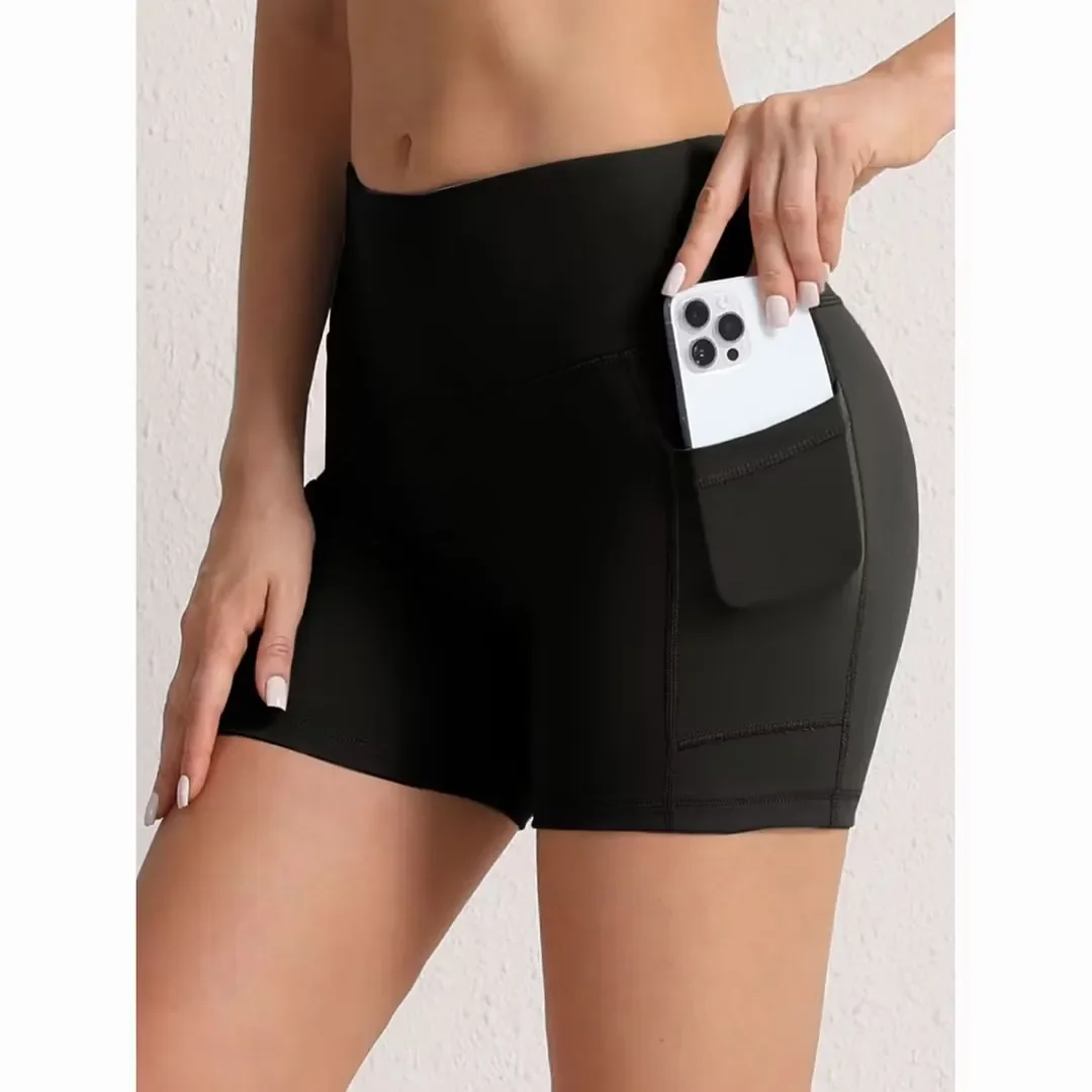 Cross-border European and American Hip-lifting Fitness Pants High Waist Running Sports Shorts Women's Belly-tuckin' Pocket Tight Yoga Pants
