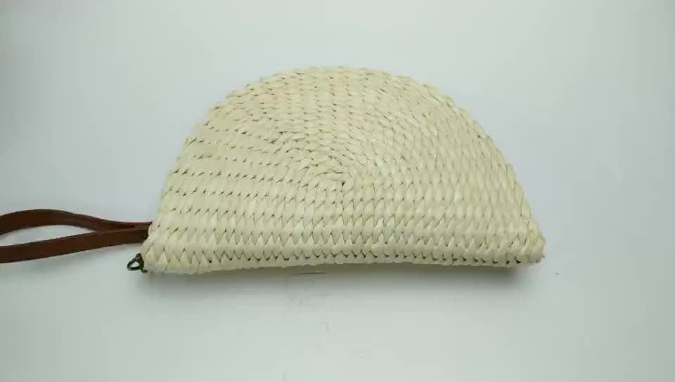 Holiday Woven Fan Shaped Bag Straw Hand Bag Women Half Round Clutch Bag