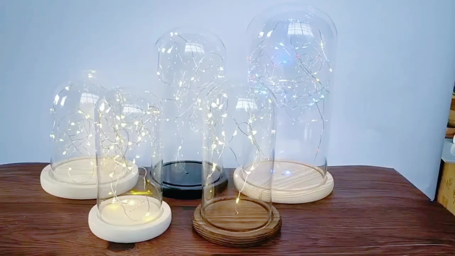 High Inquiry Glass Dome Led Display Wood Base Dome Glass Jars Flower