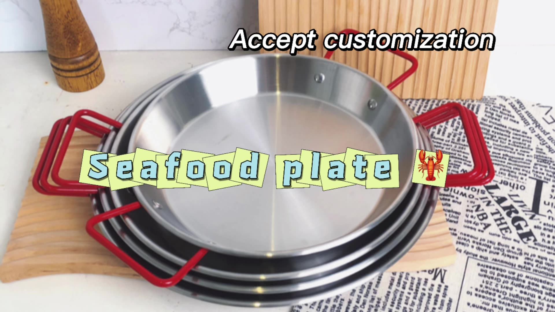 Luxury Round Stainless Steel Cooking Paella Serving Tray With Two Red