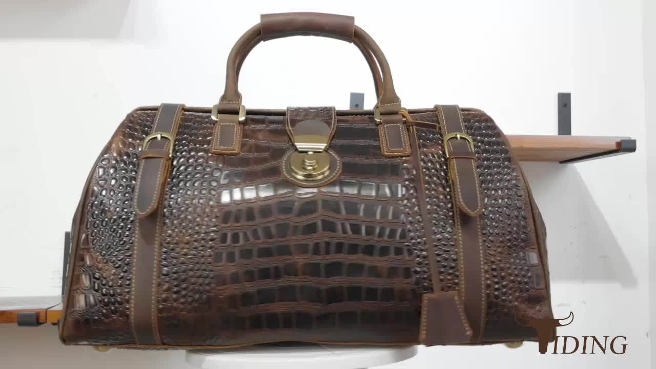 Luxury Genuine Leather Mens Crocodile Embossed Weekend Travel Bag