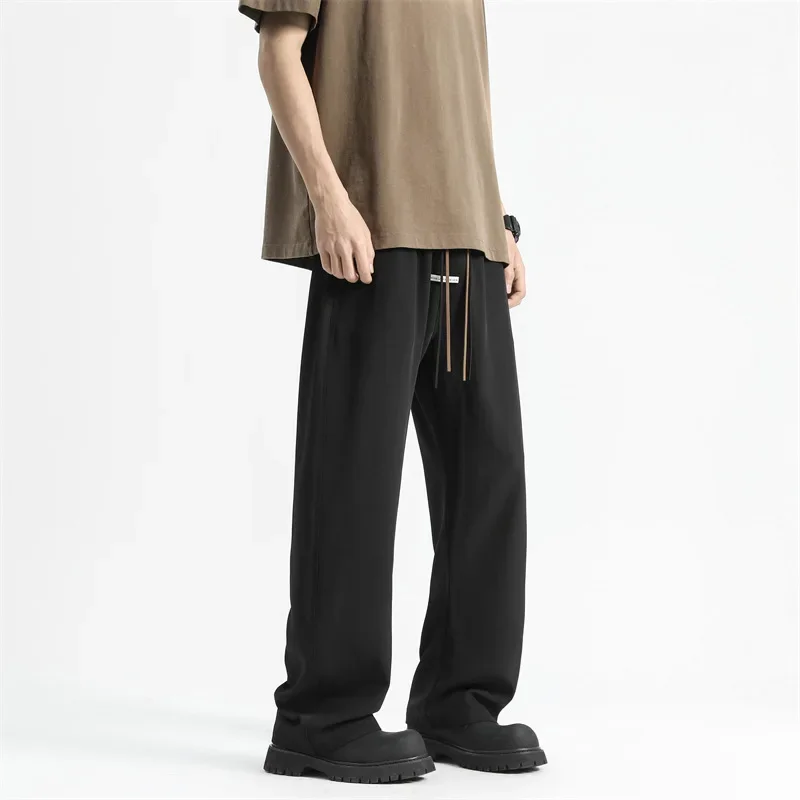 LKTM Men's Summer Three-Way Stretch Casual Wide-Leg Straight-Tapered Long Pants with Lightweight Breathable Ice Silk Drape