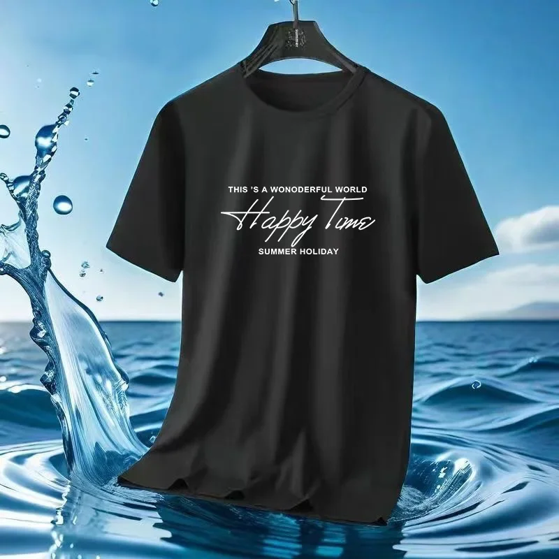 2024 Summer Mesh Ice Silk T-shirt All-match Printed Thin Round Neck Quick-drying Short-sleeved T-shirt Men's Sports Style