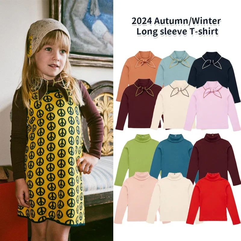 in stock! Children's Base Shirt 24 Autumn Retro Girl Sweet Strap Collar Long Sleeve T-Shirt Girl Top