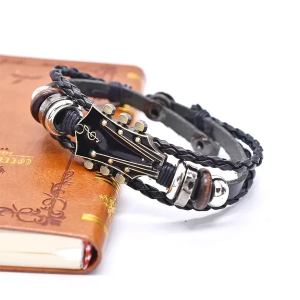 temu hot sale retro guitar flag color leather woven bracelet zinc alloy musical instrument note four-in-one buckle bracelet