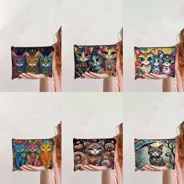 Cross-border Hot Selling Vintage Cat Makeup Bag Canvas Zipper Large Capacity Pencil Bag Cosmetic Storage Hand Wash Bag