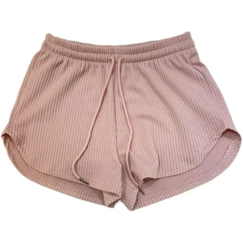 Pink Frayed Casual Sports Short Pants for Women, Summer High-Waisted Wide Leg Slimming White Elastic Waist Running Fitness Hot Pants