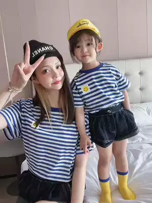 Parent-child dress summer girl boy short sleeve T-shirt sea soul shirt cotton child girl baby girl child child striped half sleeve