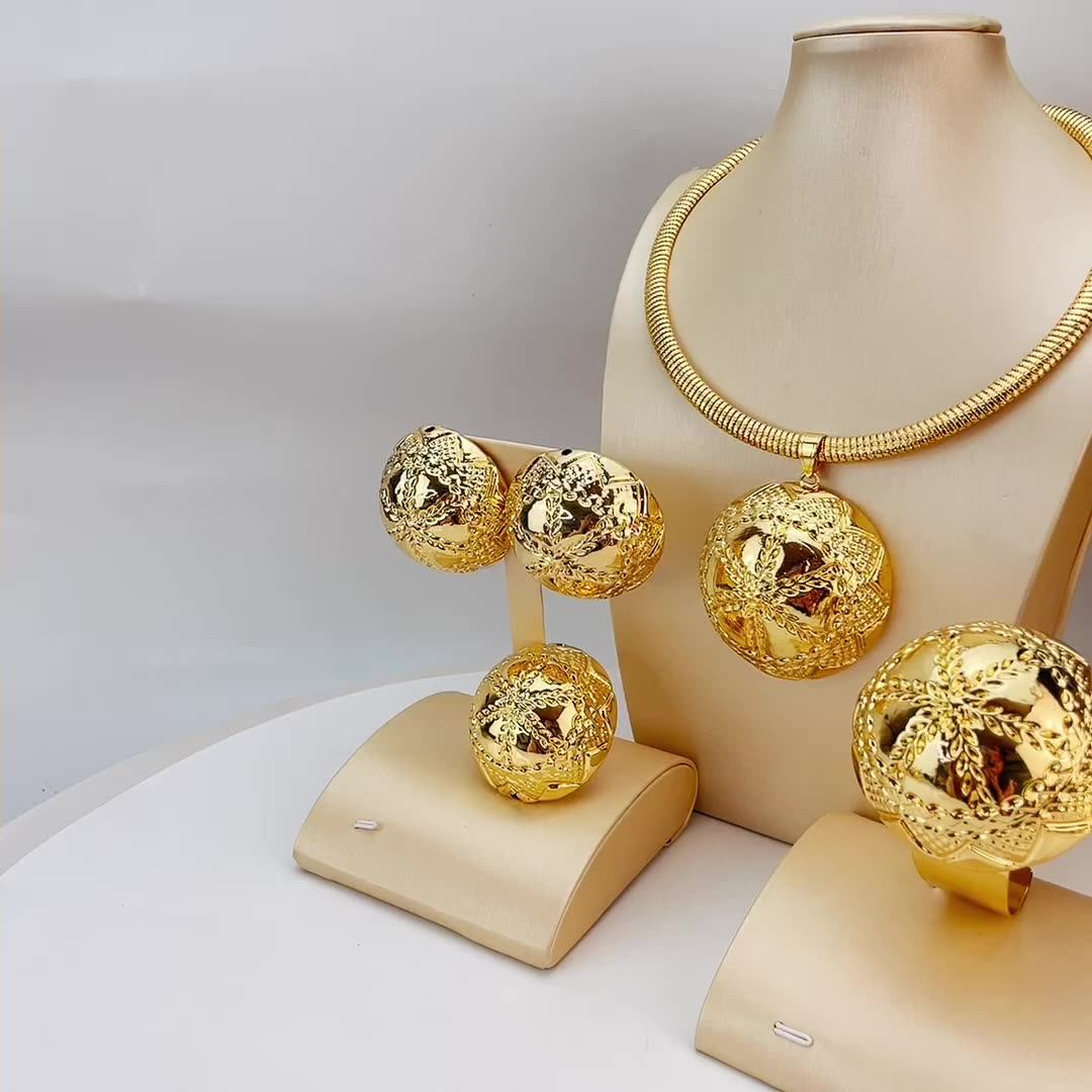 High Quality Brazilian Gold Jewelry 4pcs Set Big Ring,Necklace Pendant And Big Earrings For