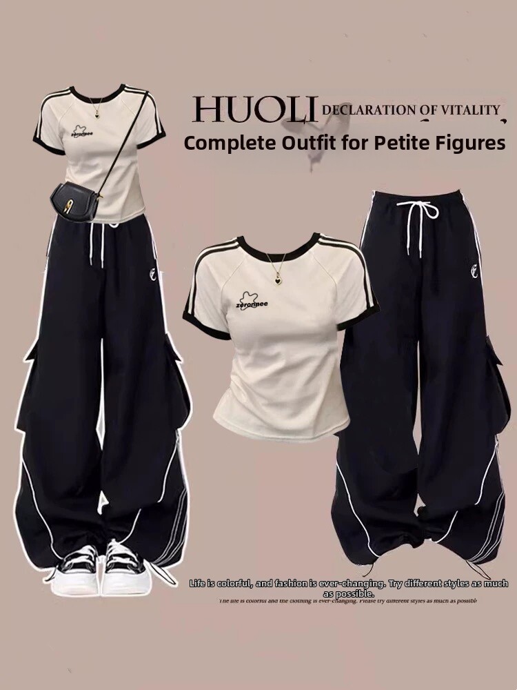 Summer Outfit Set for Women 2025 New Style Hot Girl Slim-Fit Short-Sleeve T-Shirt Casual Sports Cargo Pants Two-Piece Set