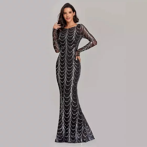 Spring and Summer 2025 New Slim-fit Banquet Fishtail Dress Elegant Party Banquet Sequin Long-sleeved Round Neck European and American Evening Dress