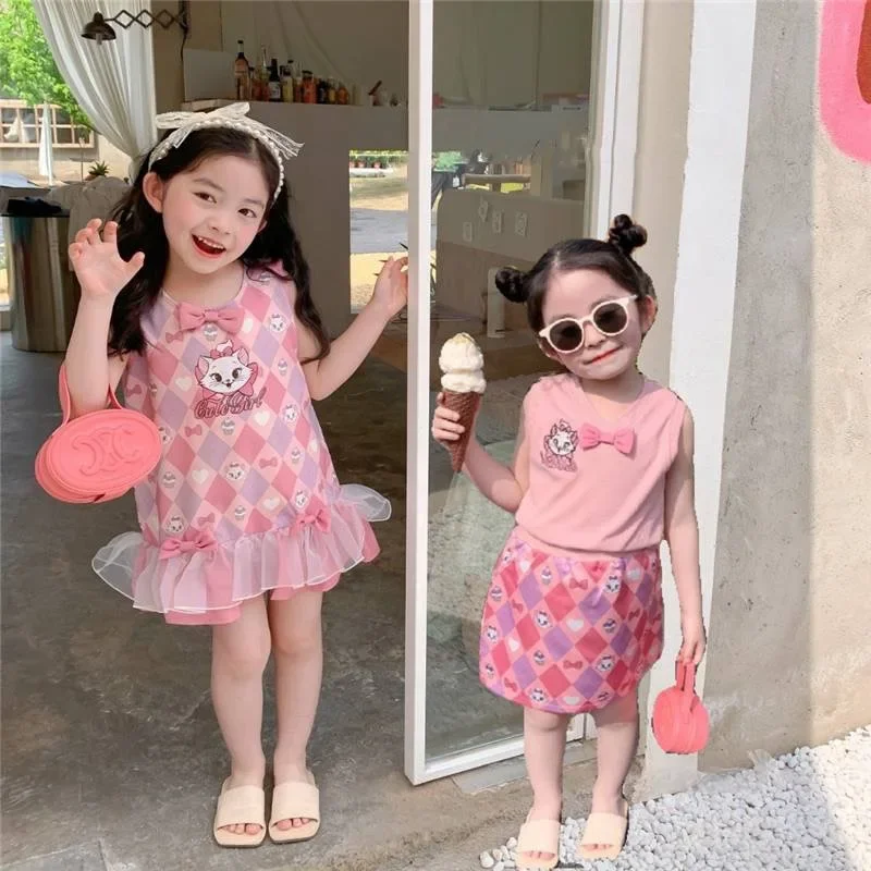 Girls' dress 2025 Summer Girls' Heart Mary Cat Series Lace Mesh Stylish Vest Skirt Two-piece Suit