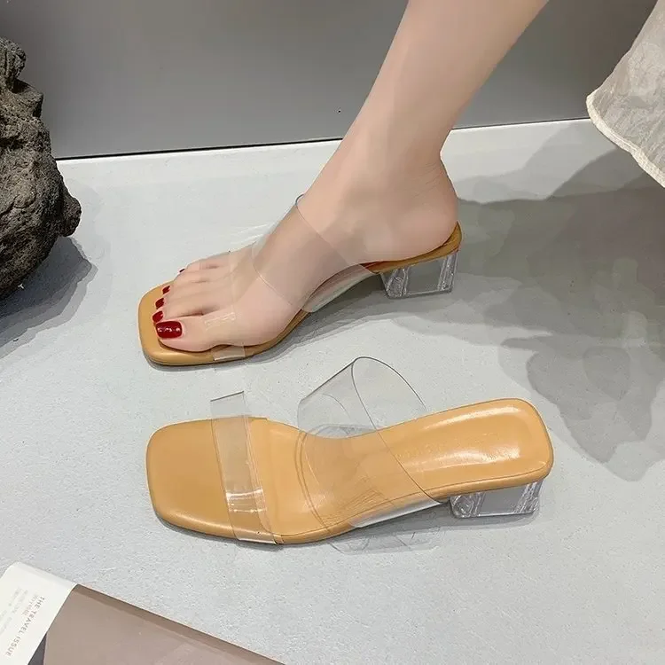 European and American foreign trade 2024 summer new plus size solid color transparent one-word crystal women's thick high heel slippers