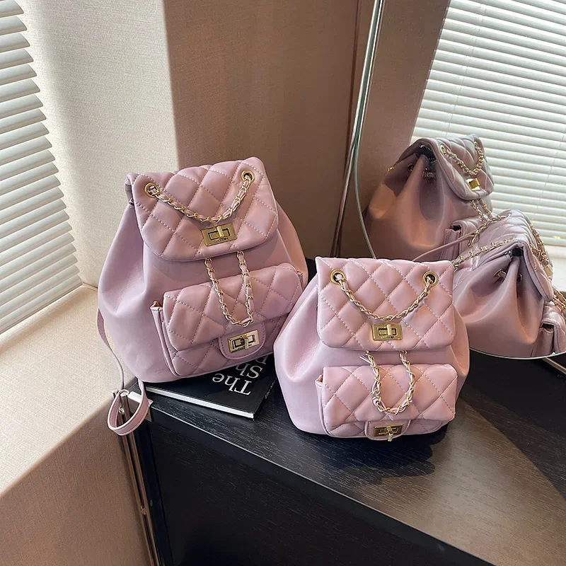 Bundle Bucket Bag Women's Korean-style Instagram Popular Fashion Chanel Style Rhombic Backpack 2025 Spring High-end Sense
