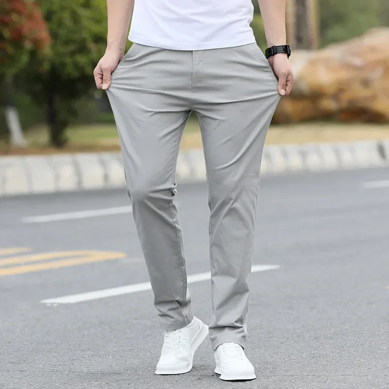 Summer and Spring Men's Youth Fashion Pure Cotton Casual Pants, Versatile Solid Color Elastic Small Straight Leg Slim Long Pants