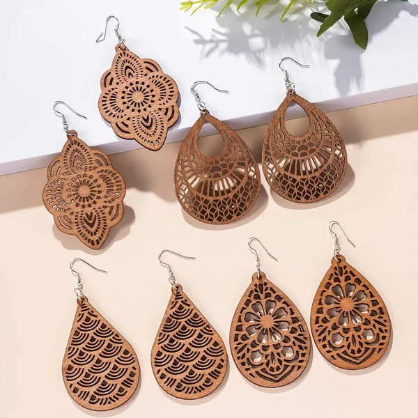 2 Pieces European and American Retro Wooden Cut Out Fan-shaped Earrings Geometric Drop-shaped Earrings for Women Simple and Versatile Earrings