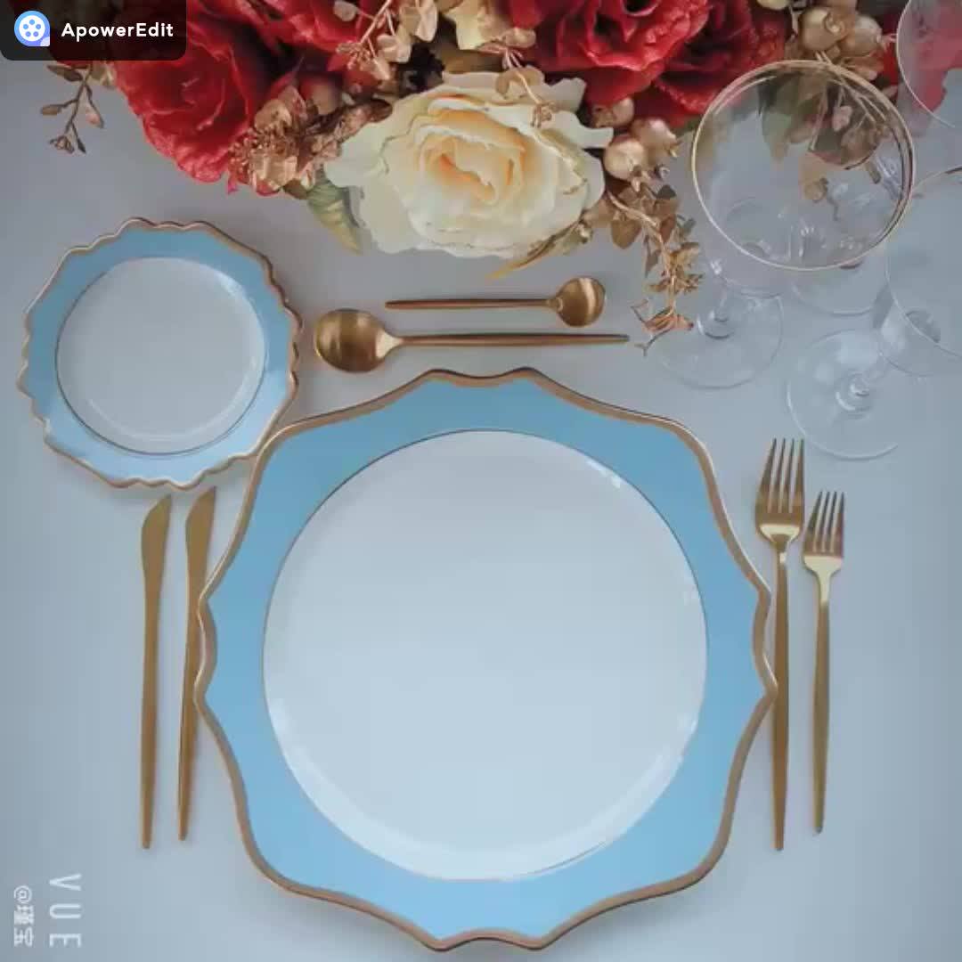 Wholesale Navy Blue Ceramic Charger Plate Set Gold Rim Sunflower