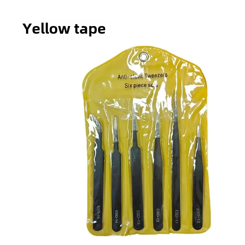 Tweezers 6-piece ESD pointed elbow stainless steel tweezers mobile phone repair bird's nest hair picking professional tool suit