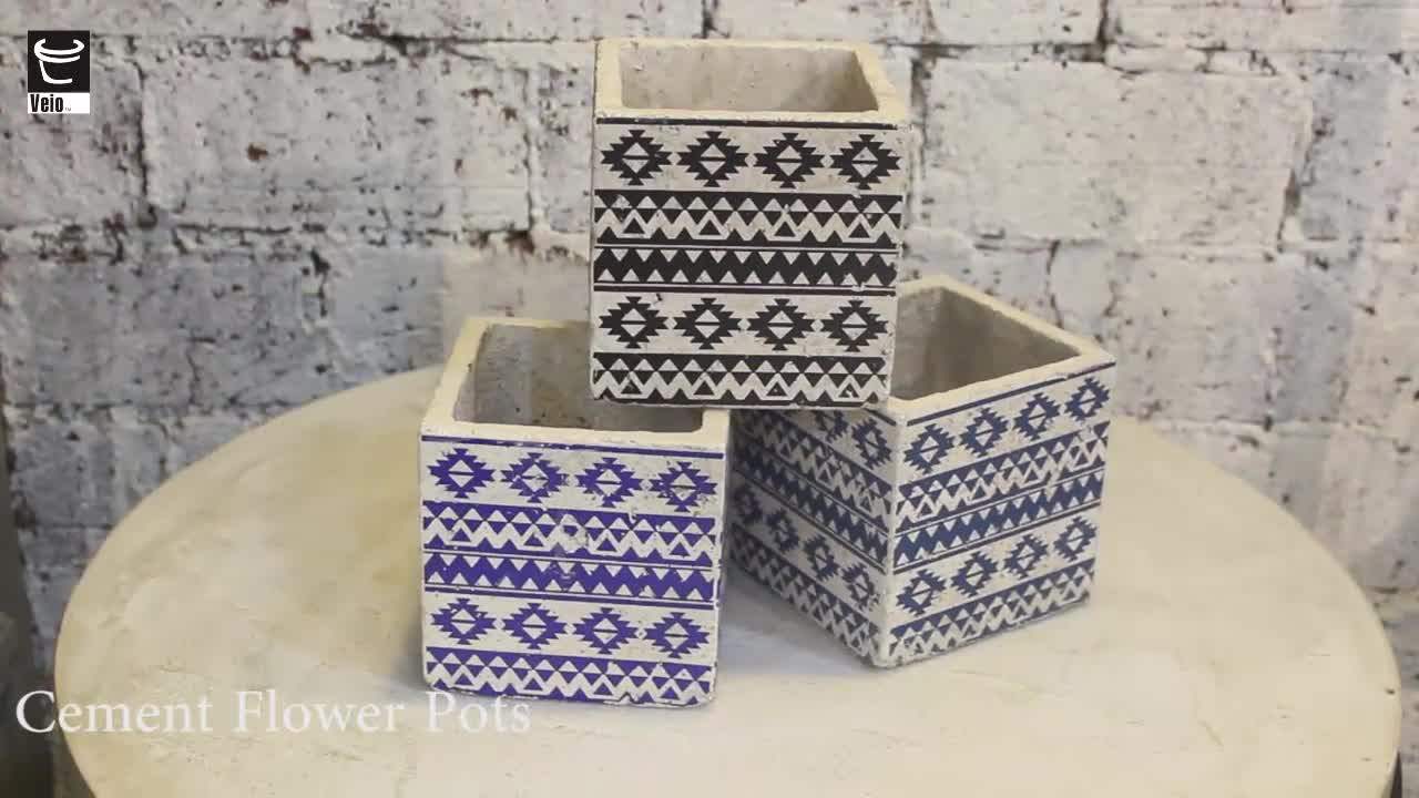 Blue Color Square Shape Cement Plant Pots 10 Inch Mosaic Flower Pots