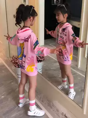 Girls thick T-shirt spring 2021 new Korean version of the foreign school children's thin children's clothing loose hooded medium and long version of the top