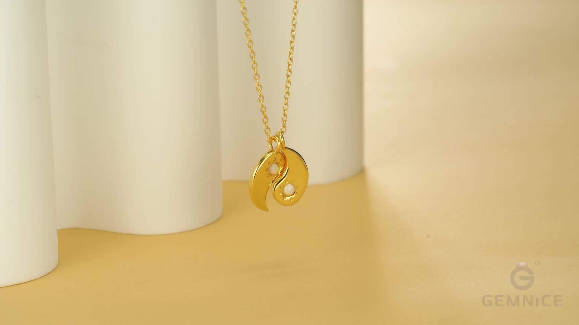 Gemnel 925纯银蛋白石珠宝中国阴阳硬币蛋白石真金项链套装珠宝女