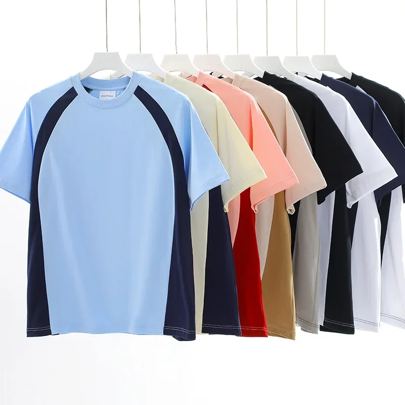 Sports Leisure 250g Heavy Combed Cotton Short Sleeve Men's Summer Splicing Contrast Color Outer Wear Crewneck Top Women's T-shirt