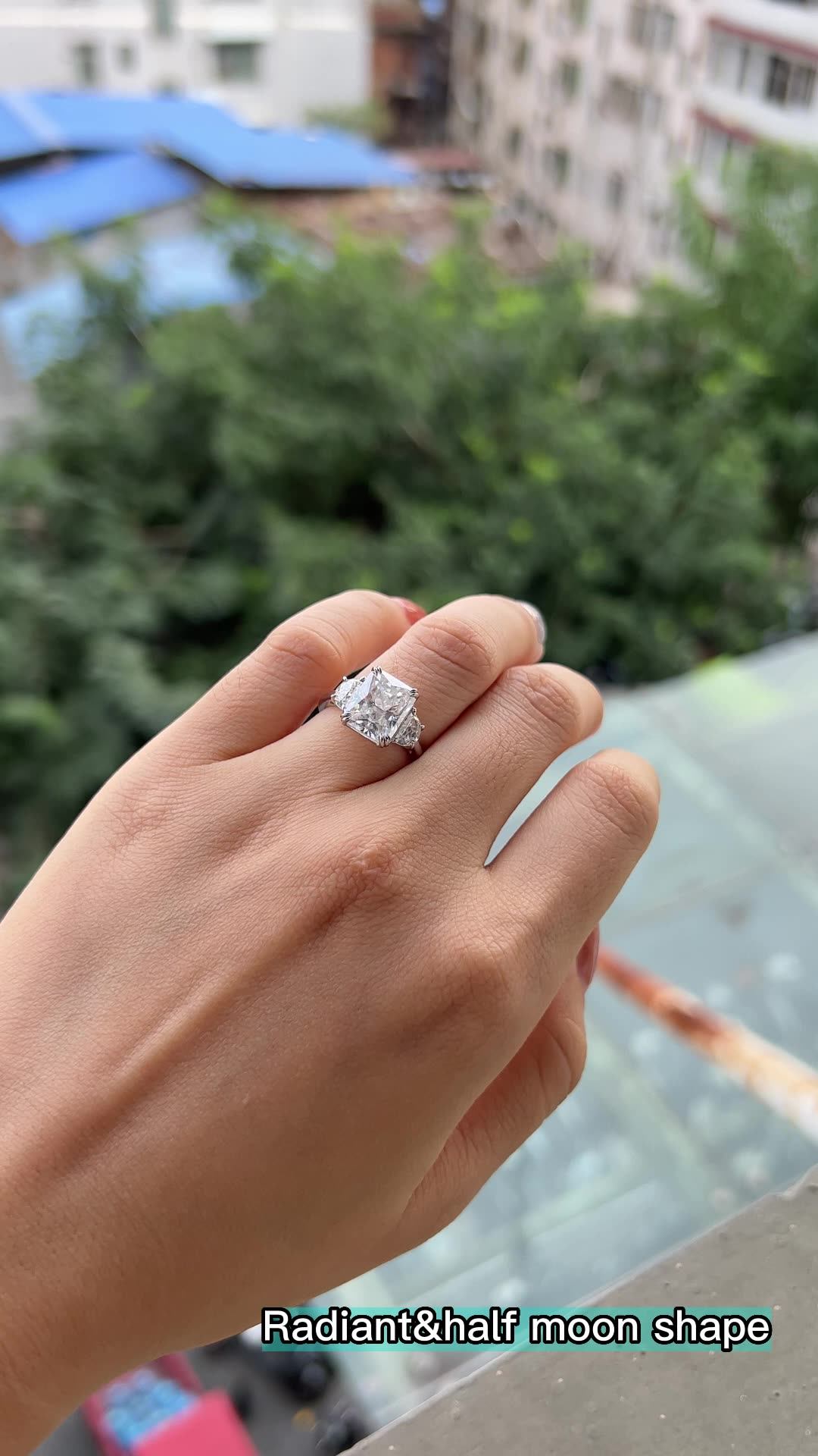 Fancy Moissanite Promise Ring White Radiant Cut Half Moon