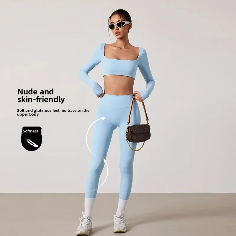 Hot Girls Autumn and Winter Sanding Beauty Back Yoga Clothes suit High Waist Tight Yoga Long Sleeve Fitness Clothes Sports Trousers for Women