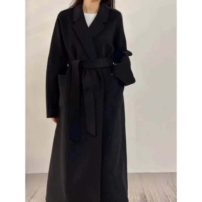 Anti-season Black Woolen Coat Women's Autumn and Winter 2024 New Style Mid-length Woolen Coat Hepburn Fashion